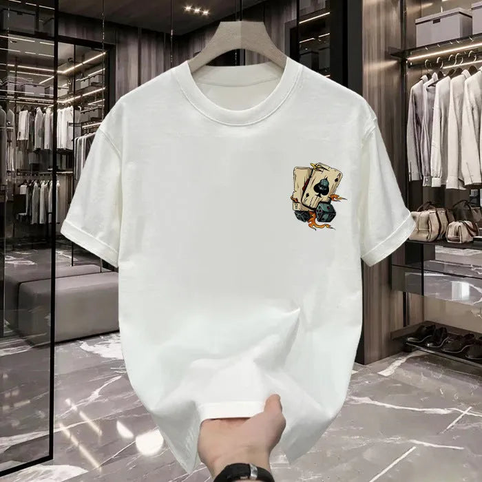 Heavy cotton printed men's short-sleeved t-shirt in black with pure cotton fabric, available in sizes S to 5XL