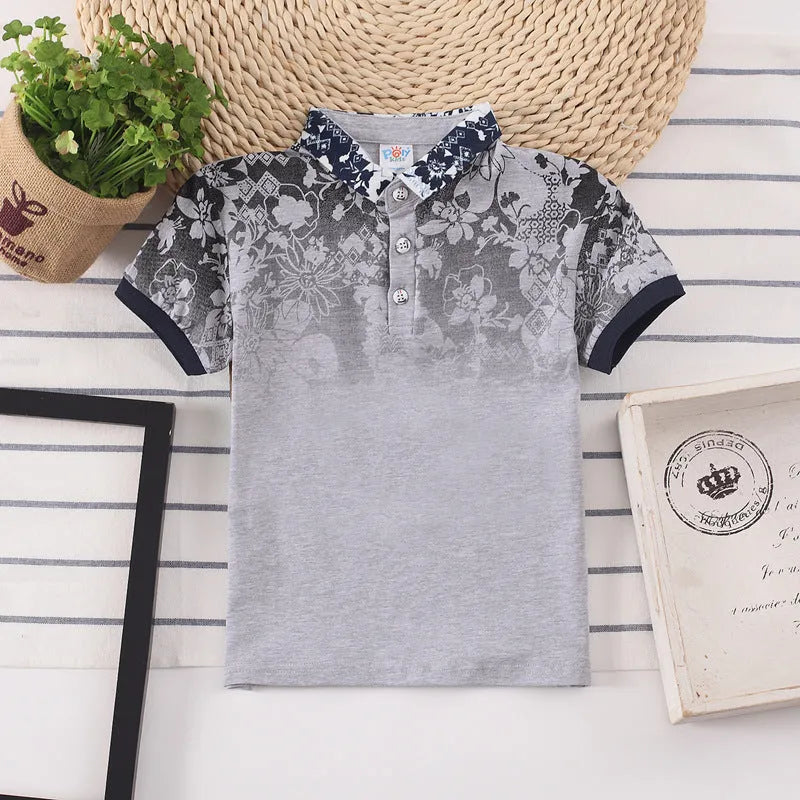 Boys short sleeve cotton t-shirt with lapel collar in solid colours red, grey, navy, or white.