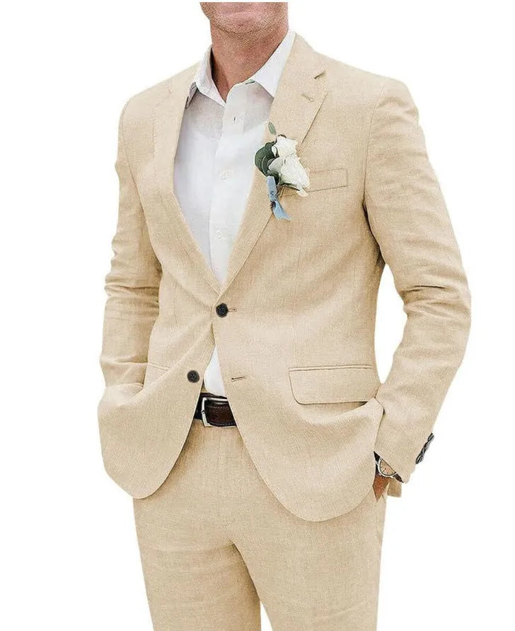 Men's linen blend slim fit business banquet two-piece suit in beige with jacket and trousers