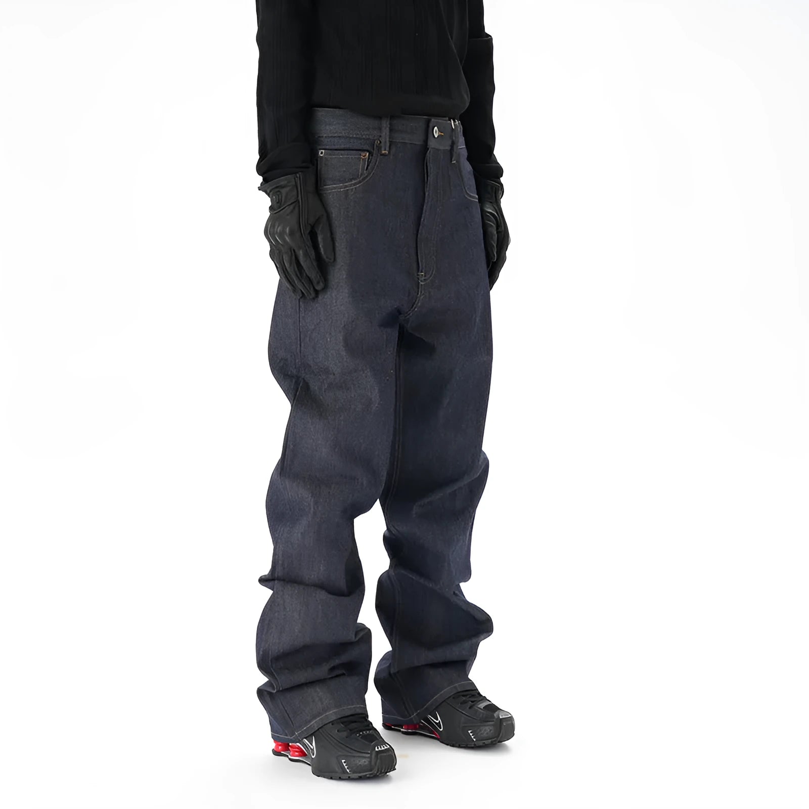 Casual loose straight original jeans in dark blue denim fabric, front view, showing loose straight leg cut.