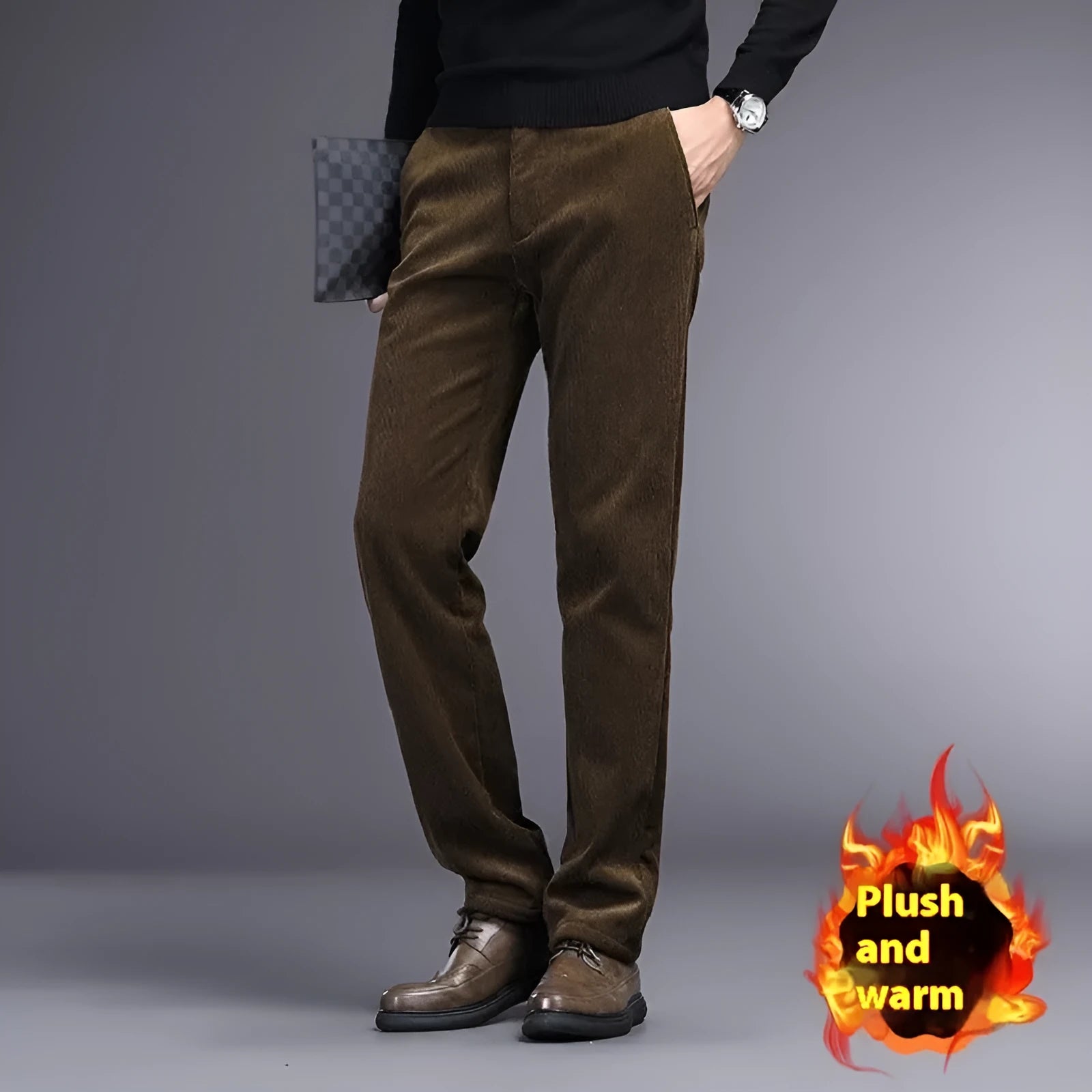 British retro style straight-leg striped trousers in a neutral colour on a hanger.