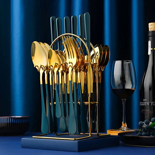 24-piece gold stainless steel dinnerware set with storage rack including knives forks spoons teaspoons