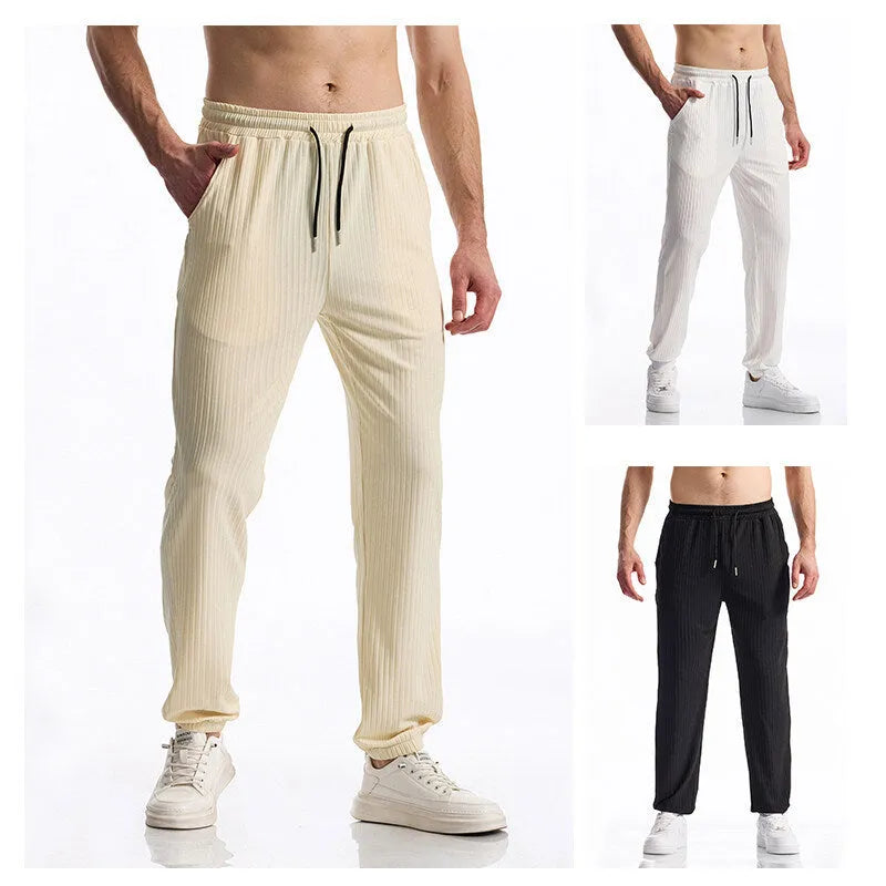 Silky rib fabric casual baggy straight trousers in black, white, and khaki with drawstring mid-waist