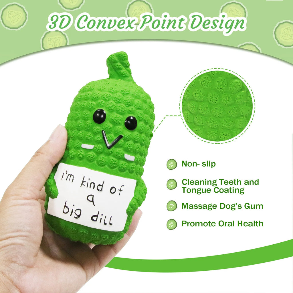 Green pickle-shaped latex dog squeaky toy with textured surface for chewing.