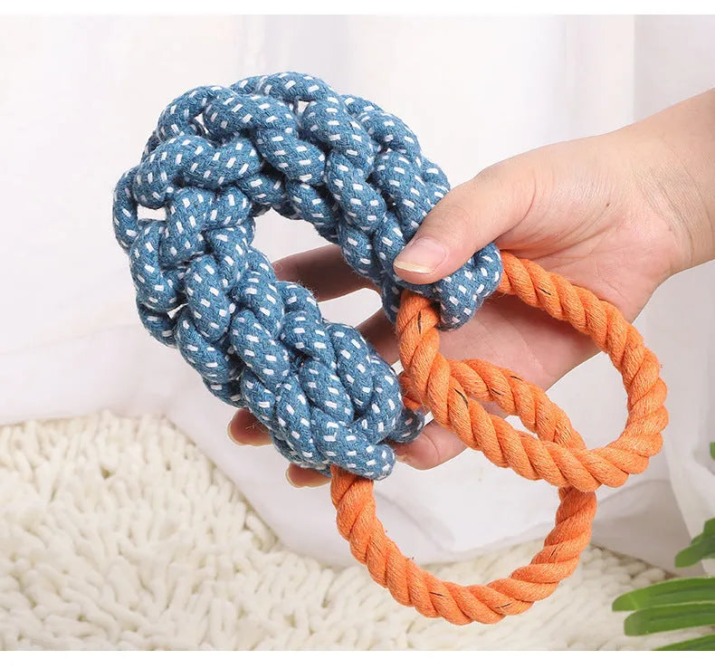 Blue braided cotton double-ring dog teething toy on white background