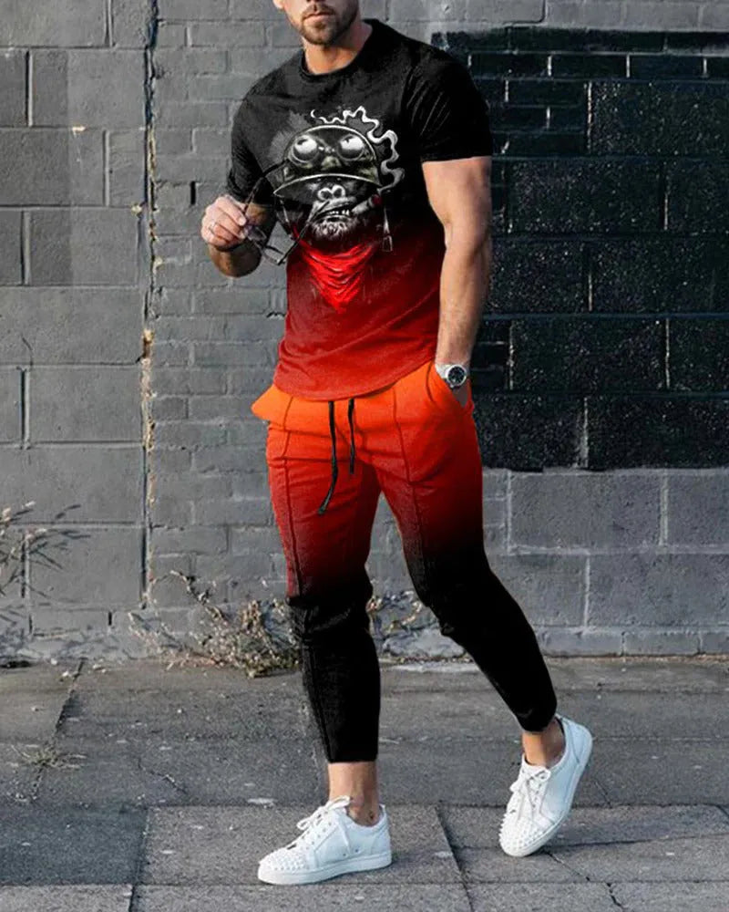 Men's thin short sleeve round neck pullover and matching trousers set in a solid colour