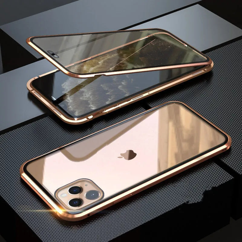Glass anti-spy clamshell phone case in six colours for various iPhone models.