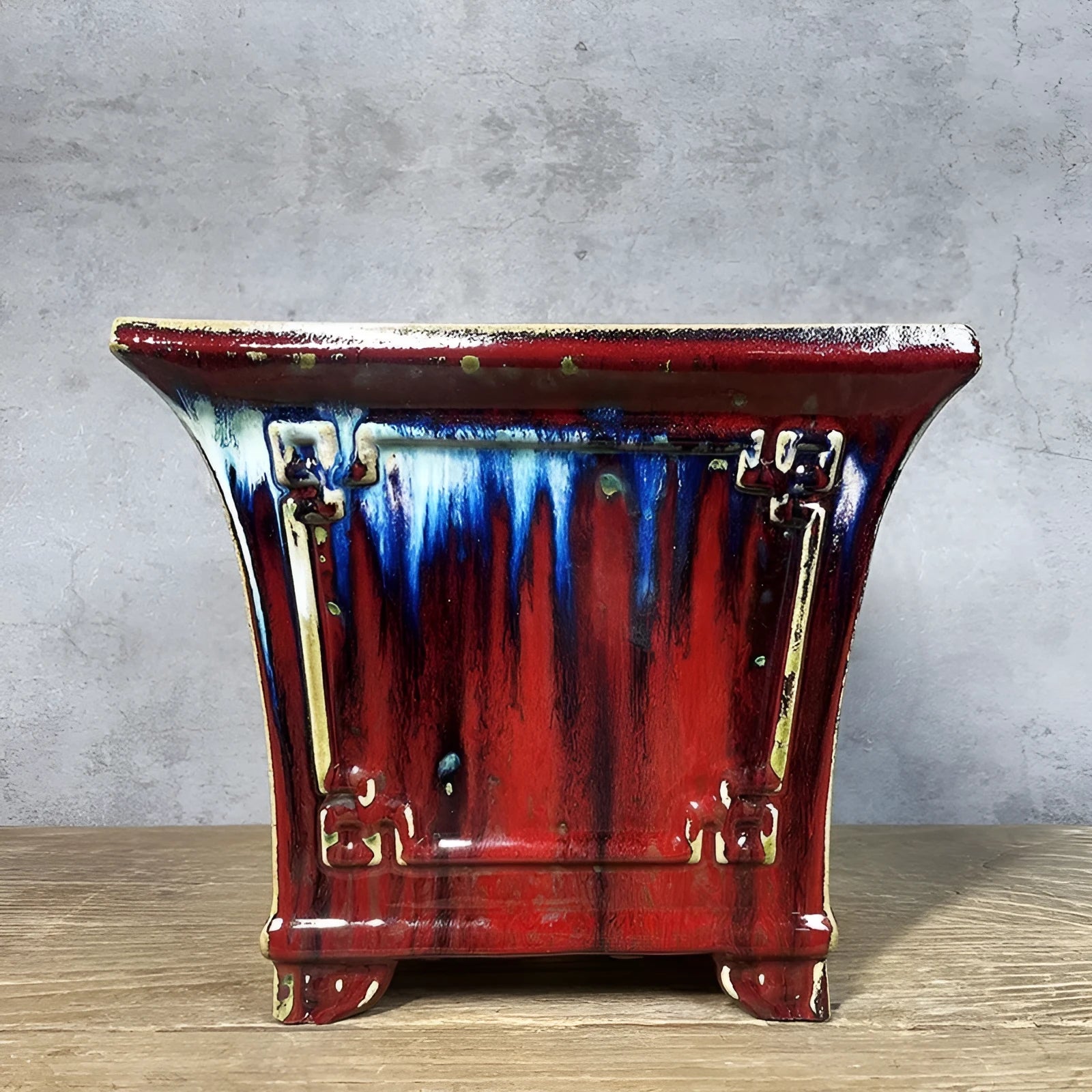 Ceramic flower pot 27cm with glaze change and ice crack finish, square shape for orchids