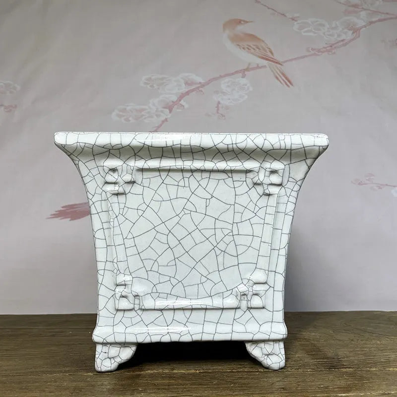 Ceramic flower pot 27cm with glaze change and ice crack finish, square shape for orchids