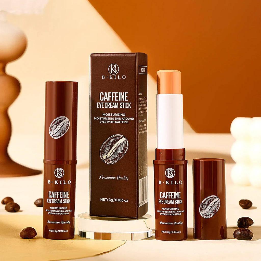 Caffeine eye cream stick in packaging, 3g net content for dark circles and fine lines