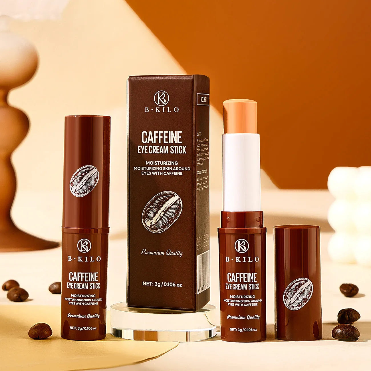 Caffeine eye cream stick in packaging, 3g net content for dark circles and fine lines