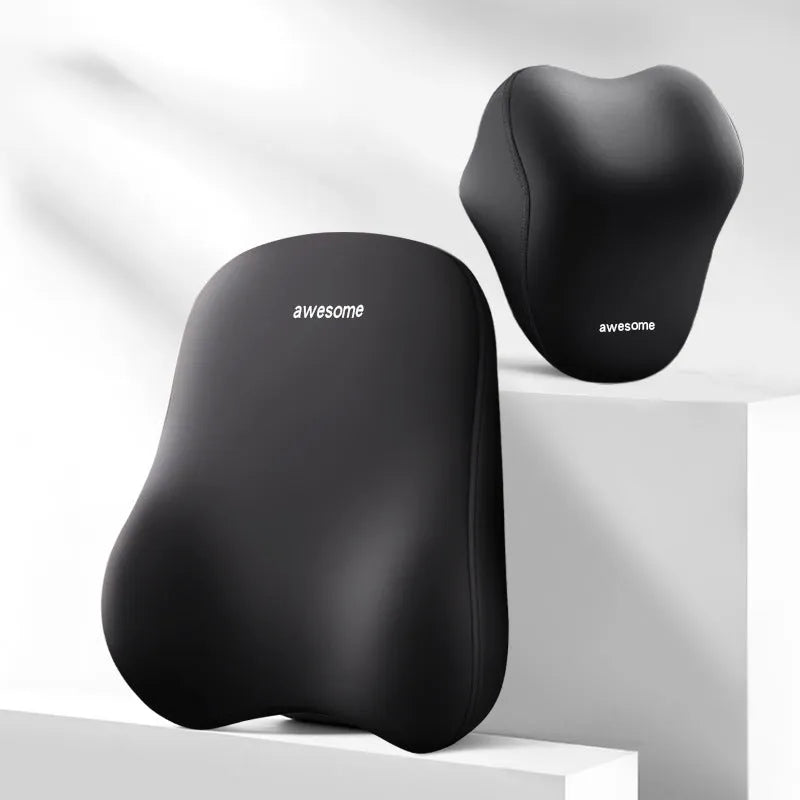 Automotive headrest lumbar support pillow set with memory foam filler in Y-black colour option for car seat
