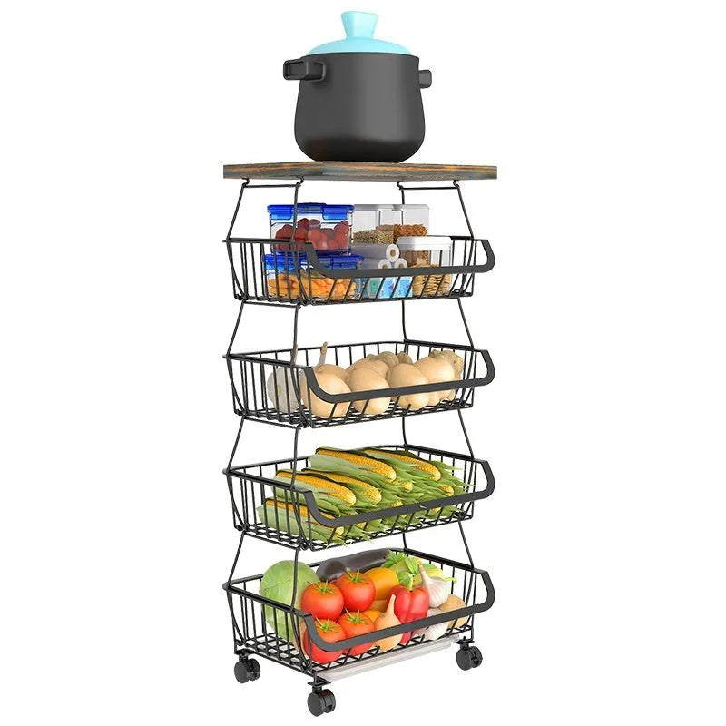 Black six-layer freestanding kitchen storage trolley with carbon steel frame