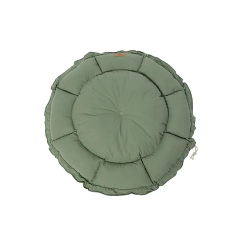 Grey reversible donut cat bed with raised edges shown alongside green version