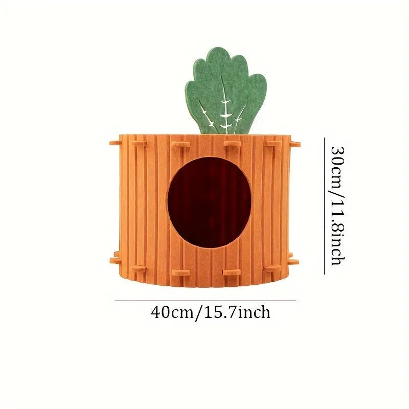 Grey thick felt semi-enclosed cat tunnel nest bed showing its drilled entrance and soft interior.