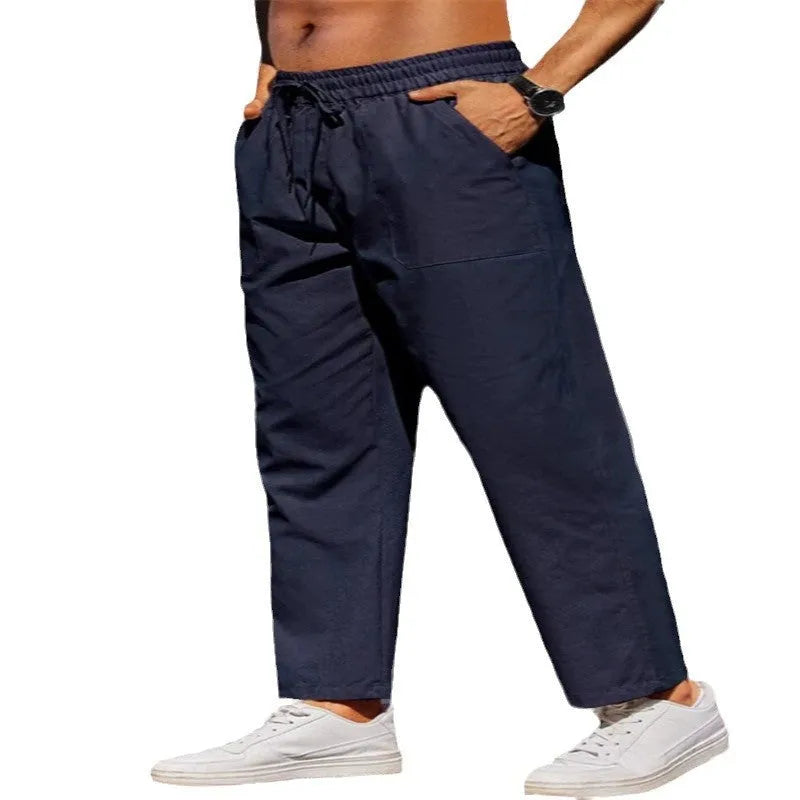 Men's linen solid colour casual elastic waist outdoor daily breathable tube pants in khaki