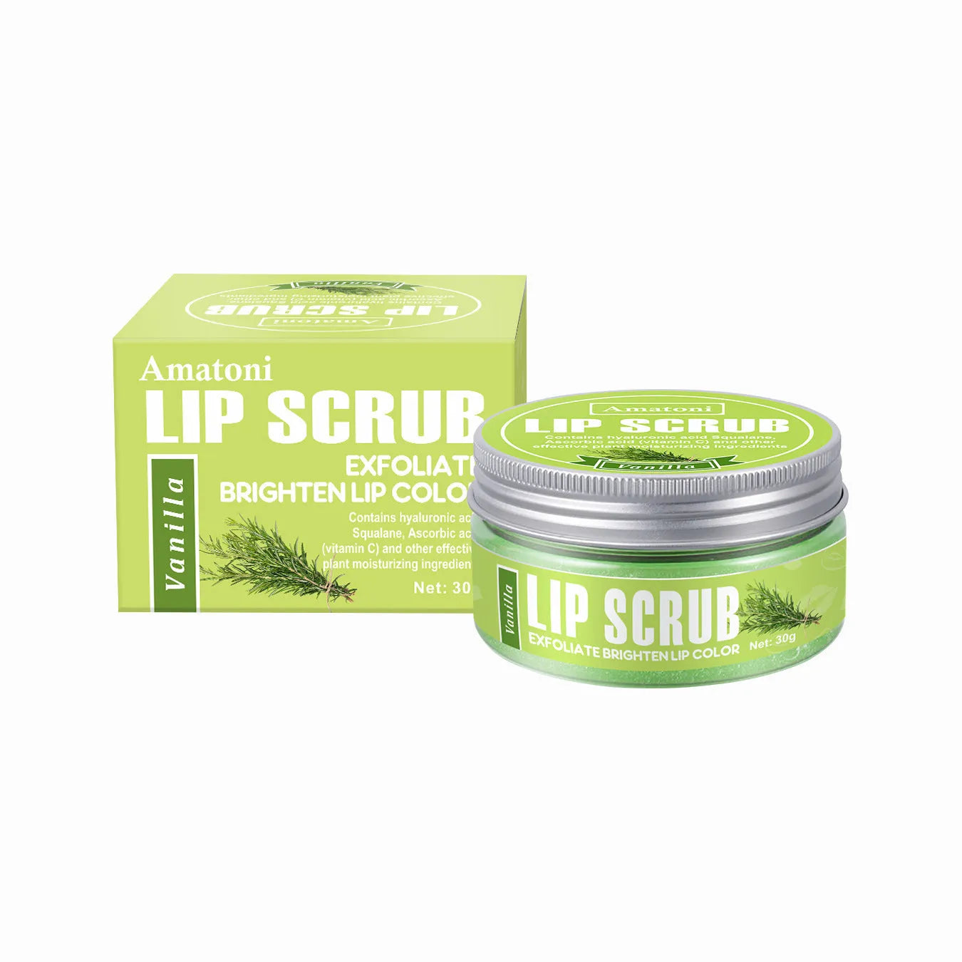 Amatoni Lip Scrub jar in one of four flavours: Coconut, Raspberry, Vanilla, or Watermelon, 30g net weight.
