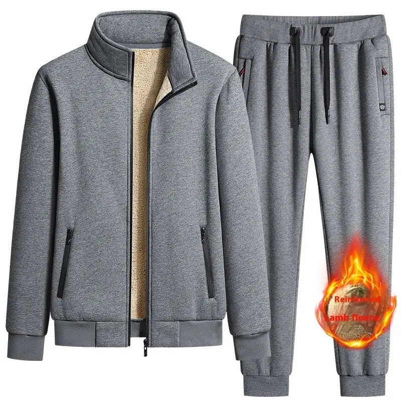 Men's cotton winter fleece set with long-sleeve coat and trousers, plus size, black drawstring style