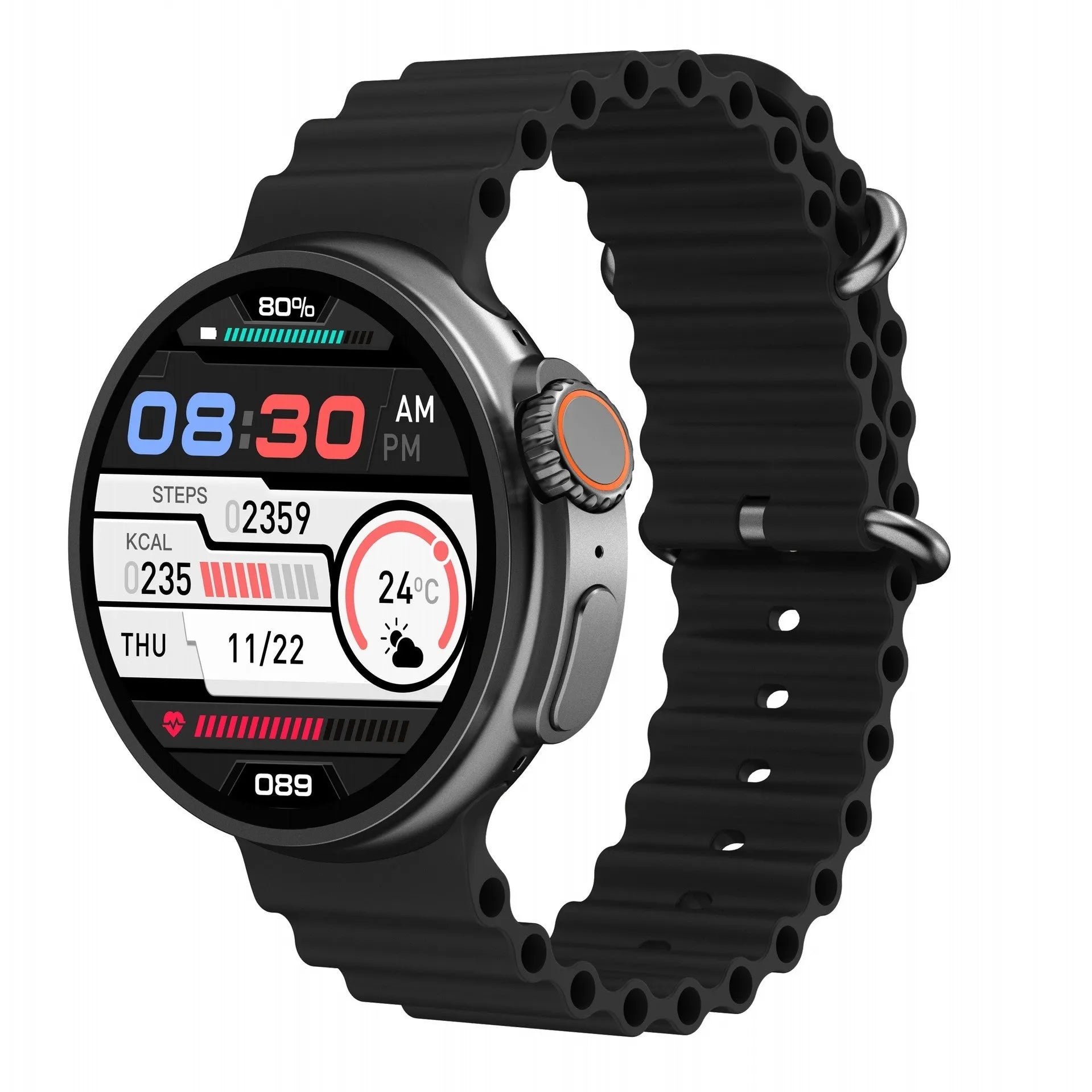 K9 smart watch with round screen on silicone strap showing health metrics display