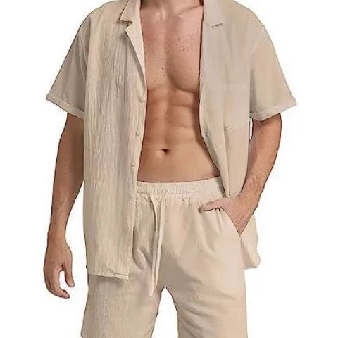 Men's summer sports short-sleeved shorts suit in linen blend black colour front view