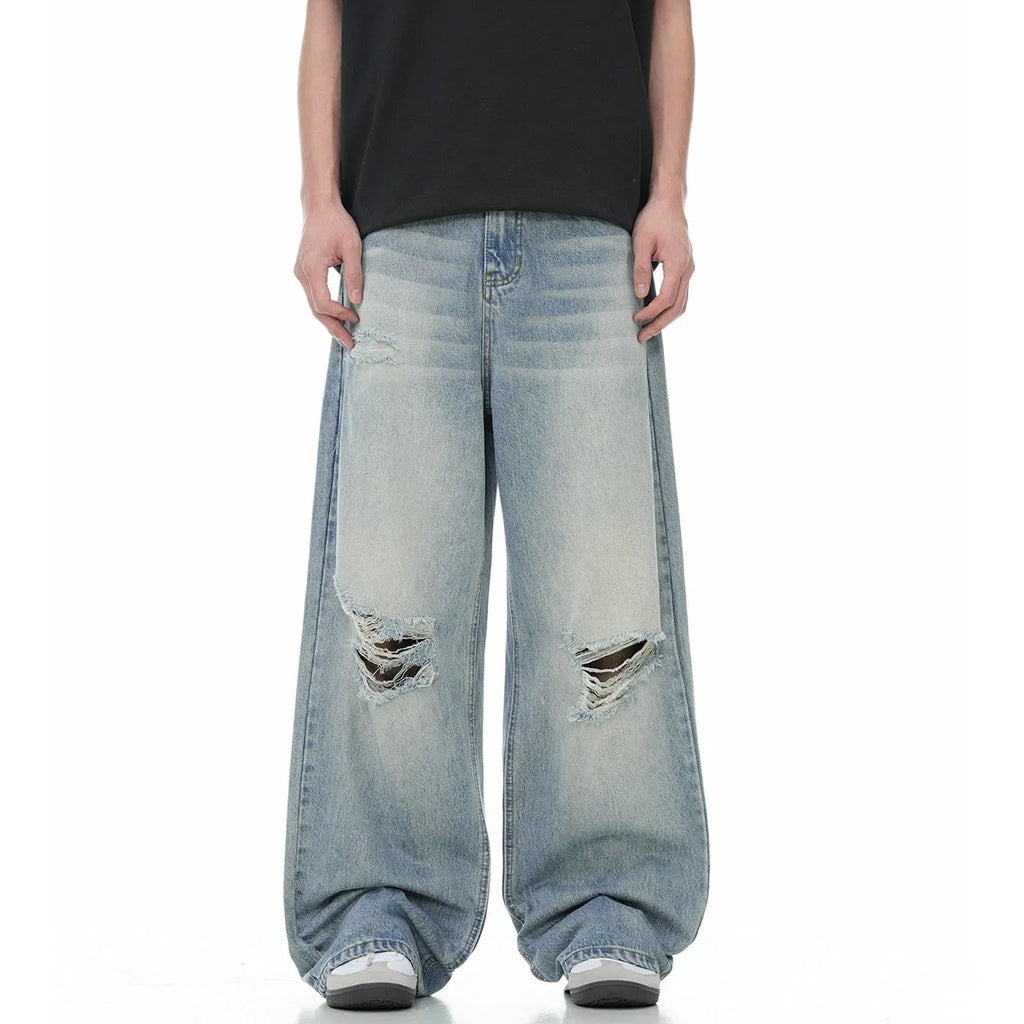Men's blue straight-leg retro jeans with zipper fly in cotton blend fabric