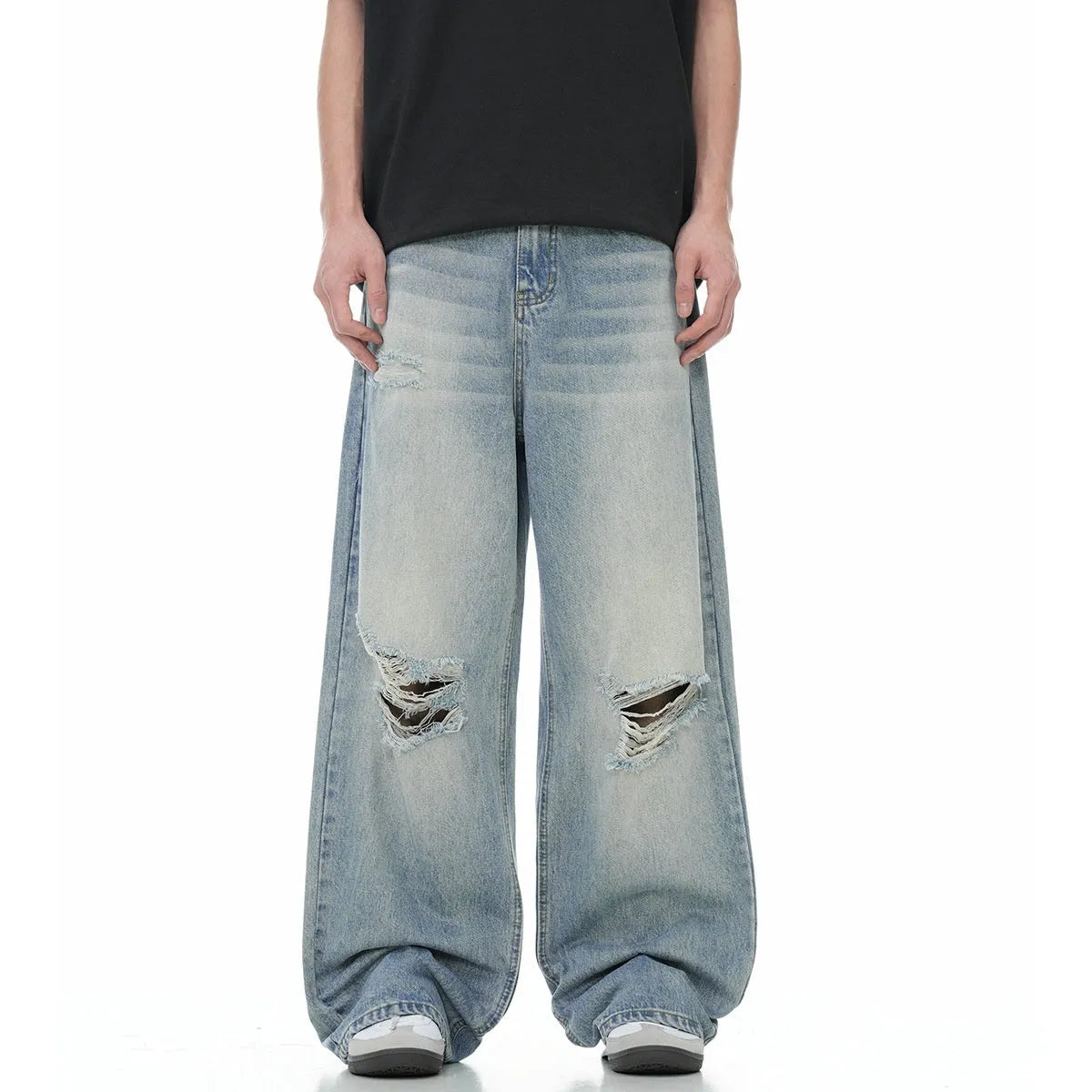 Men's blue straight-leg retro jeans with zipper fly in cotton blend fabric