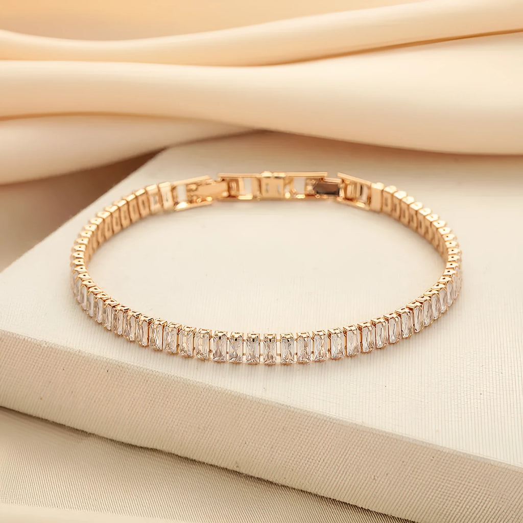 Women's brass rectangular bracelet with full diamond inlaid zircon in Champagne Gold and Silver colour options