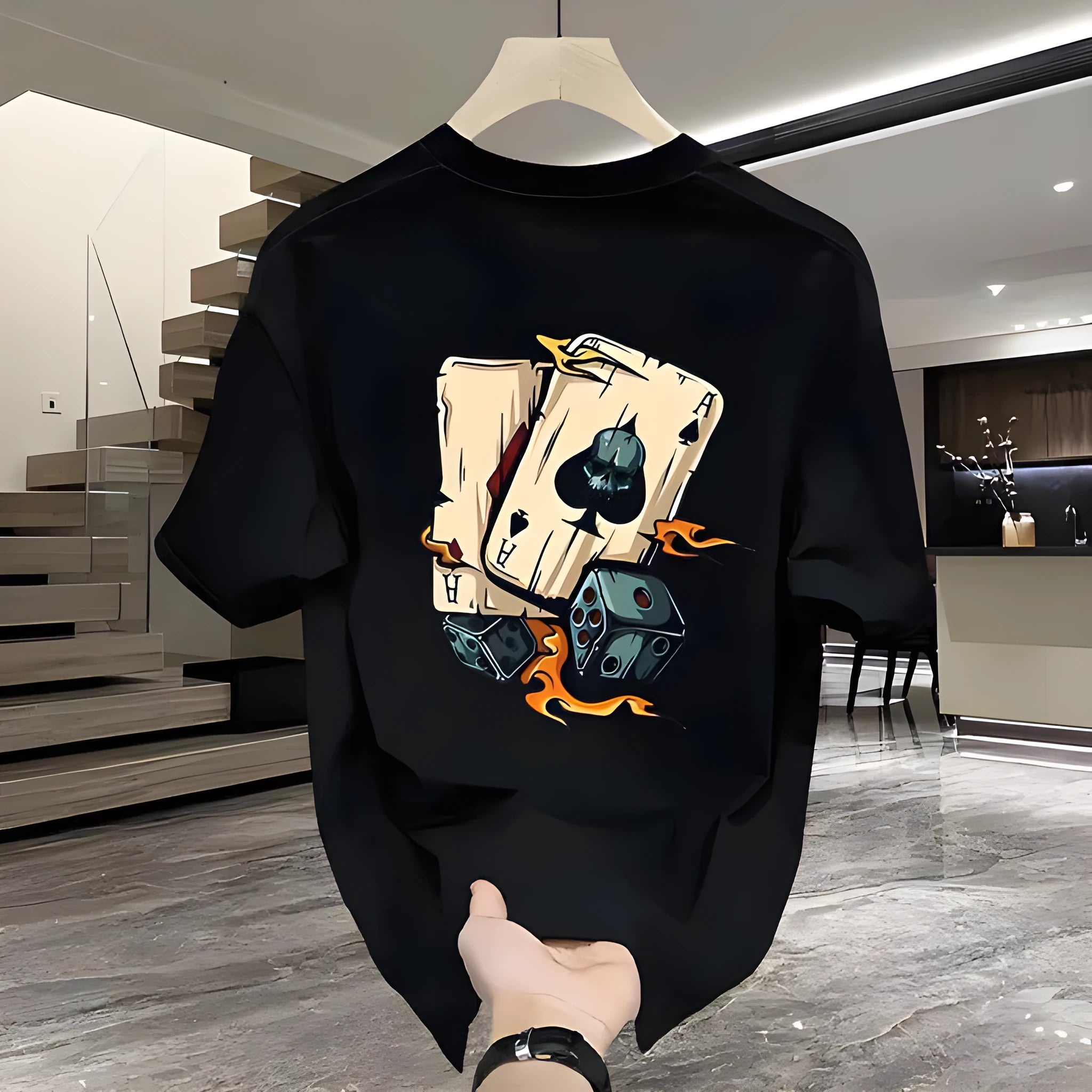 Heavy cotton printed men's short-sleeved t-shirt in black with pure cotton fabric, available in sizes S to 5XL