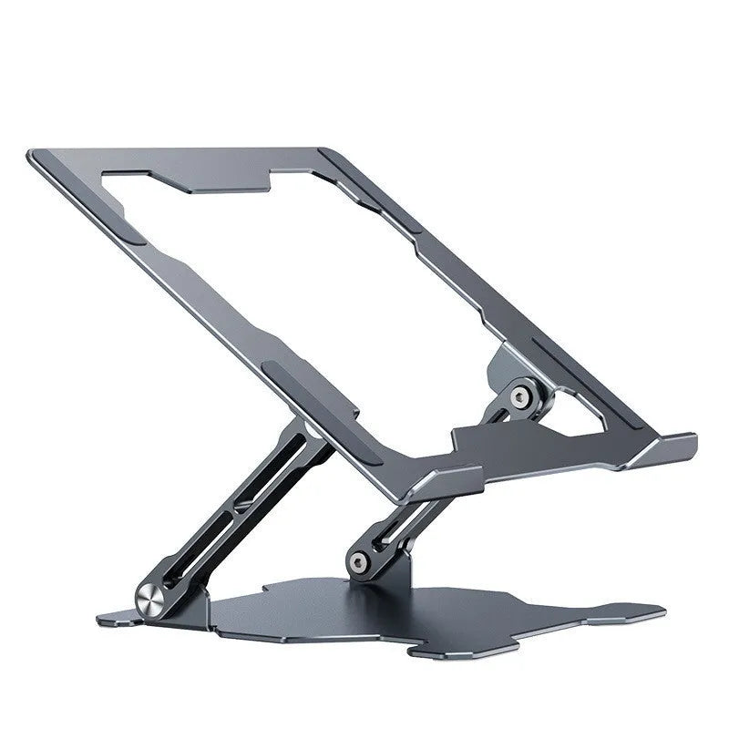 Aluminum adjustable and foldable laptop stand in grey on a desk.
