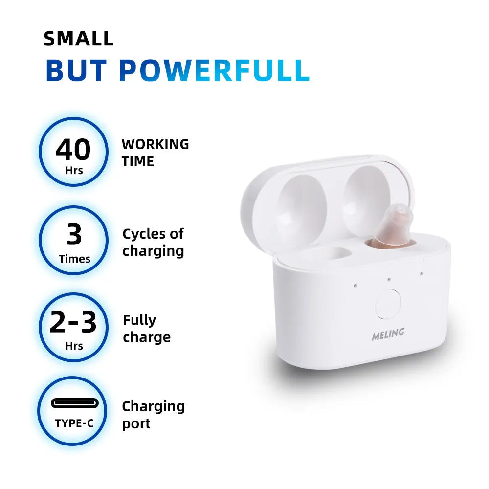 Rechargeable hearing aids with magnetic charging case in beige, red and blue