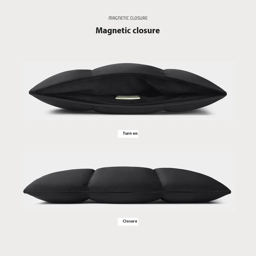 Soft fluffy laptop sleeve in black and khaki colours showing European American retro style design
