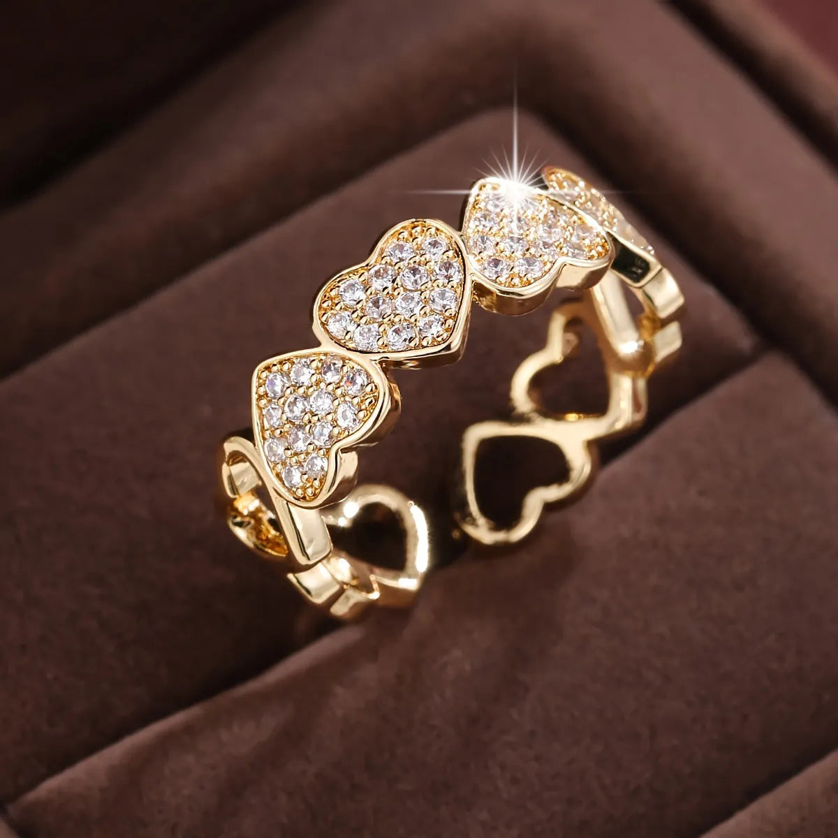 Adjustable geometric heart couple's ring in copper with gold finish