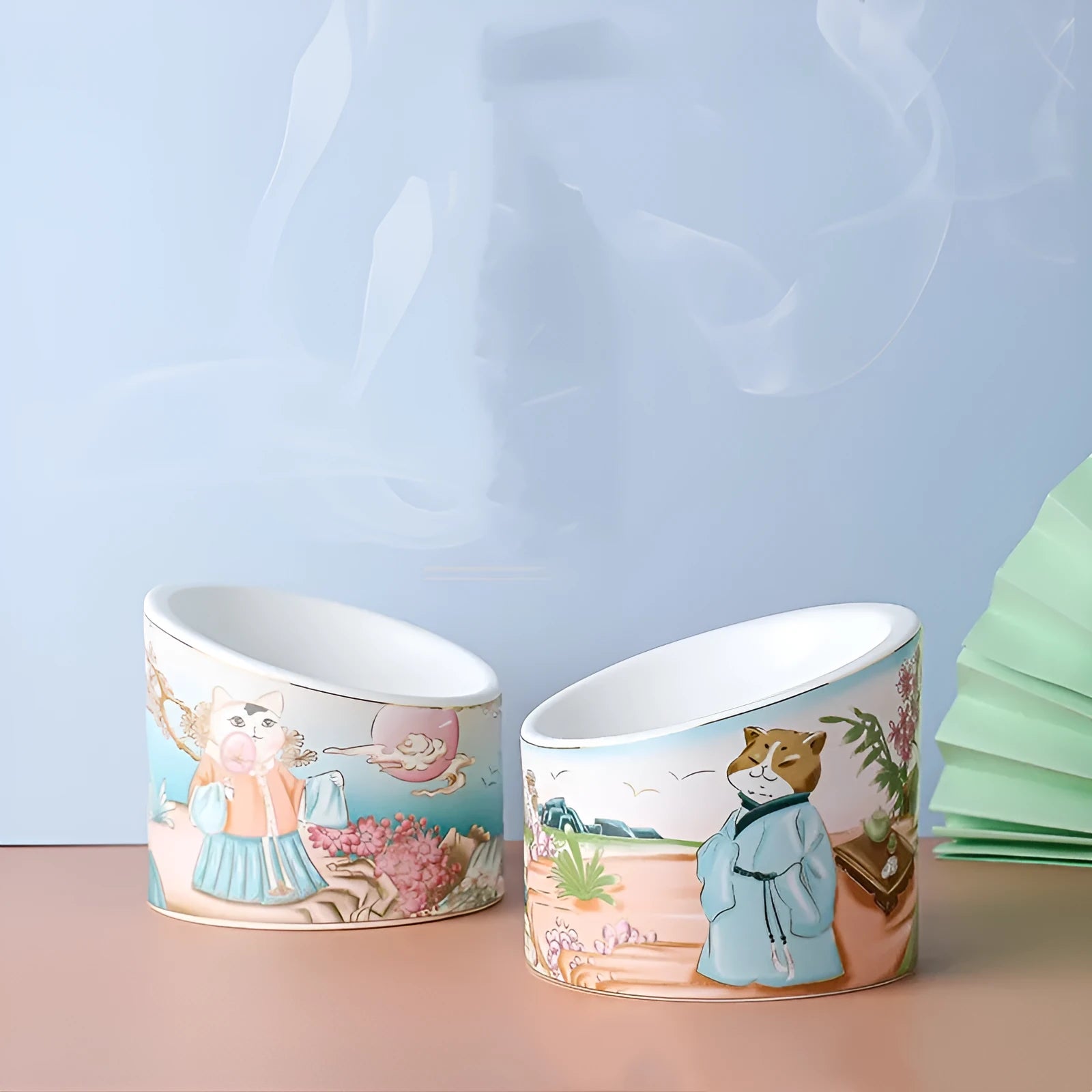Chinese style ceramic cat bowl with high leg, double bowls and oblique mouth in universal colour for pet feeding