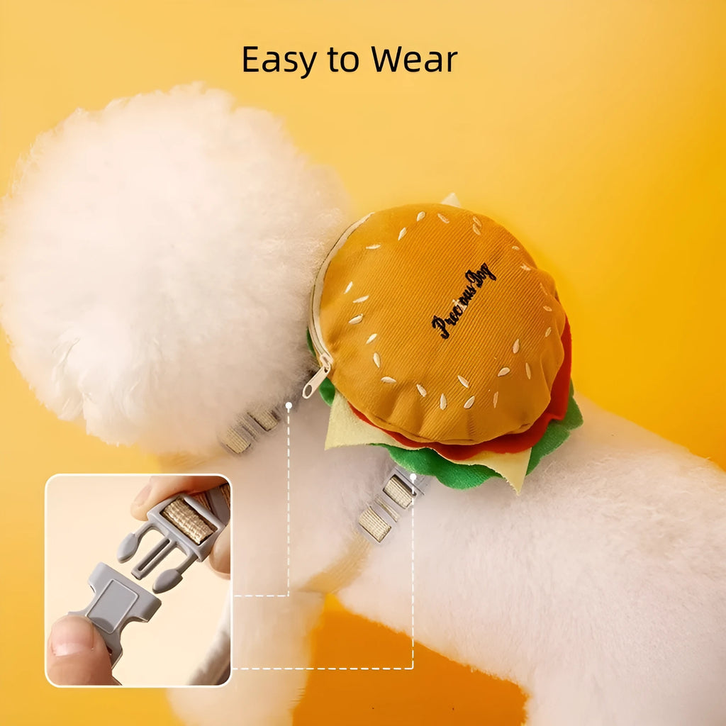 Adjustable dog vest leash with backpack in a cartoon hamburger print, showing the escape proof vest design