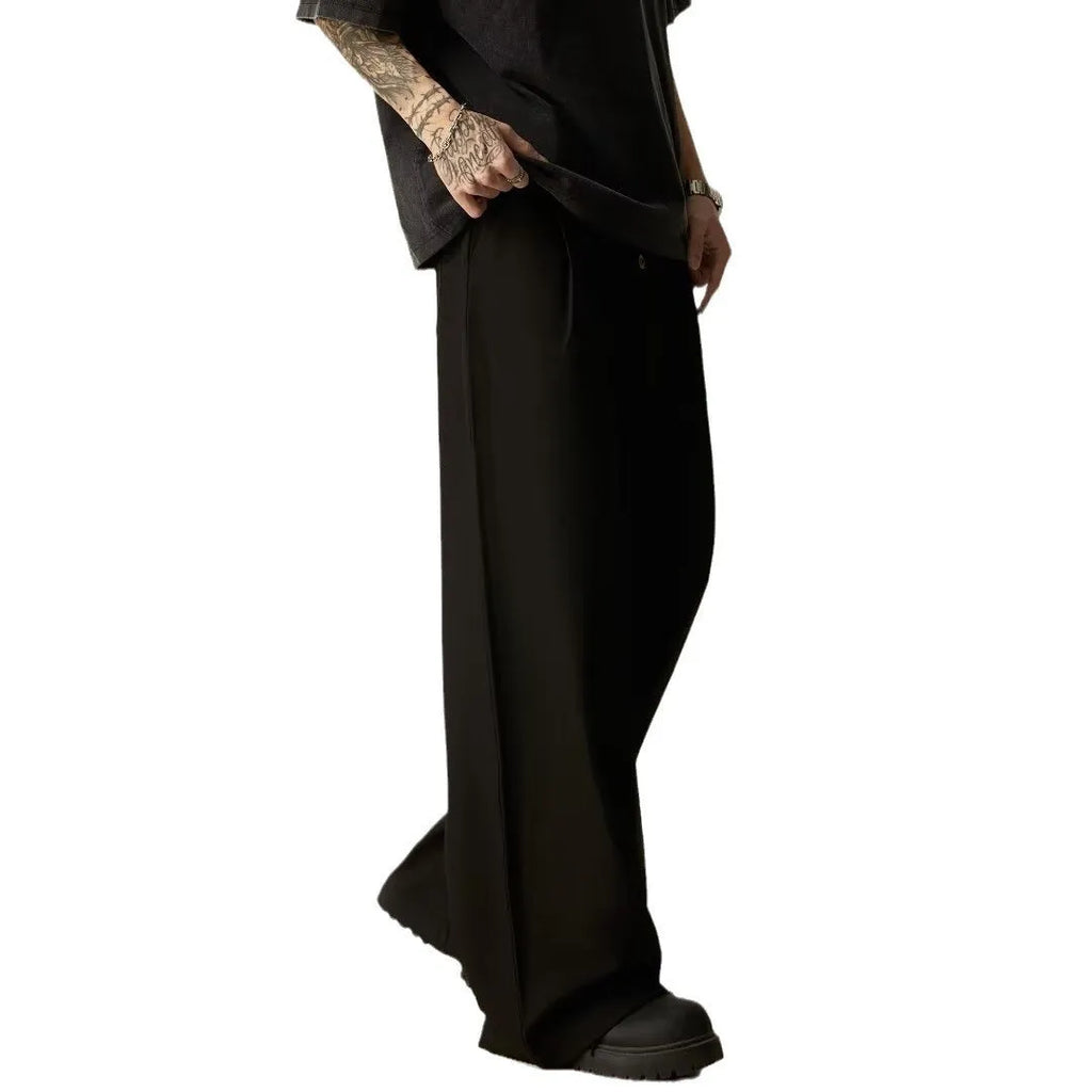 Men's solid colour wide-leg casual trousers in black with vertical tube design and button fastening