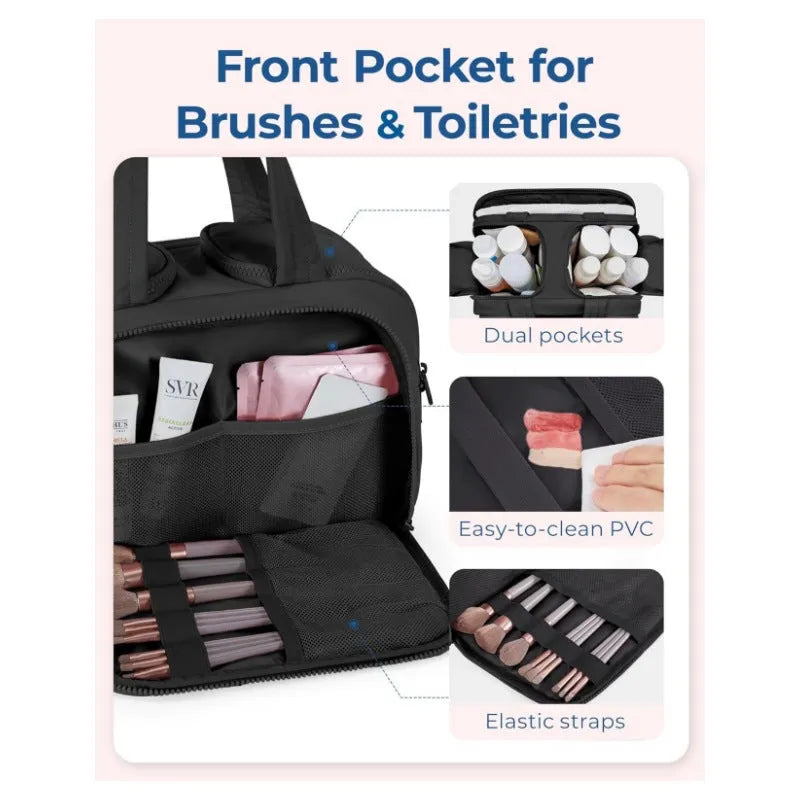 Large lightweight travel toiletry bag in beige colour with wide open top showing spacious interior.