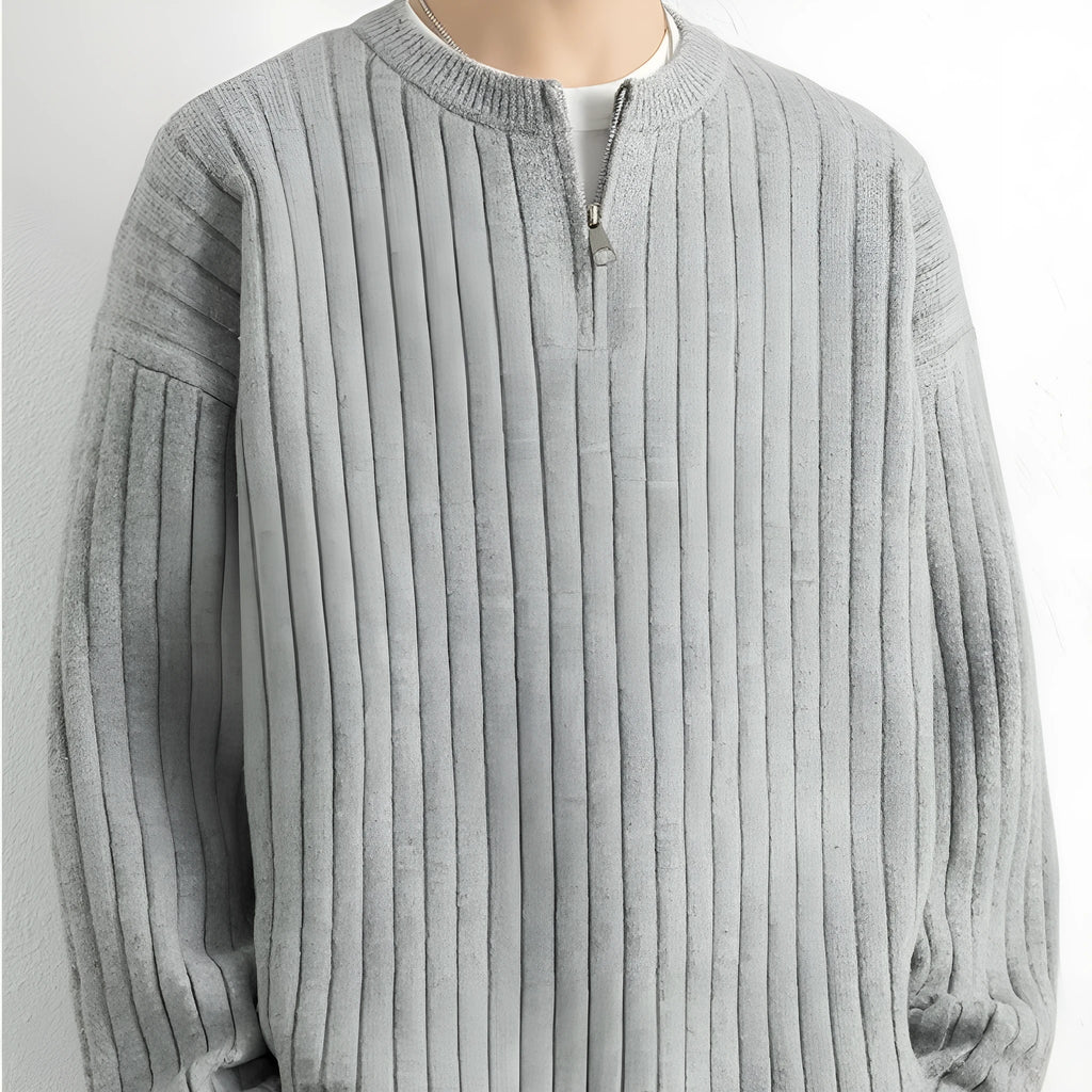 Men's grey half zip loose fit texture knitted sweater on a hanger.