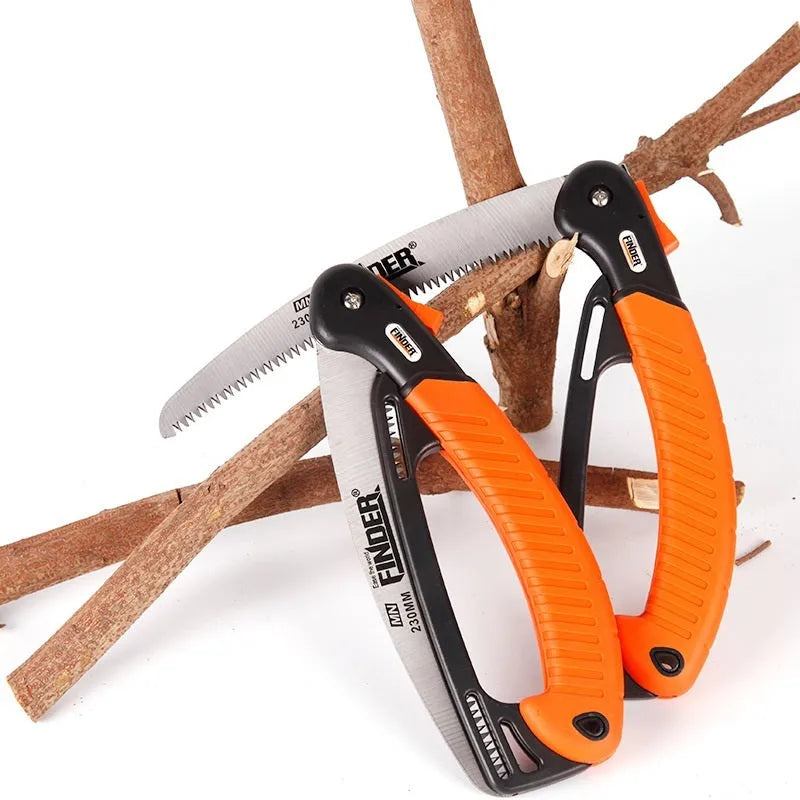 9-inch folding garden hand saw with black TPR rubber grip and silver steel blade shown both open and closed.