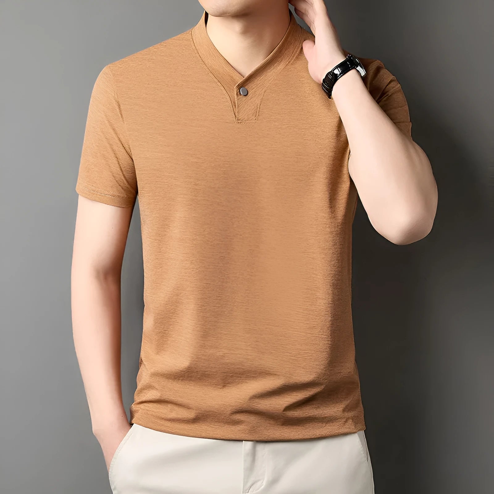 Young men's short sleeve polyester blend T-shirt with zipper fastening in khaki colour, regular fit