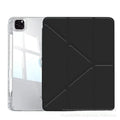 Transparent acrylic iPad protective cover showing magnetic attachment points and built-in viewing bracket