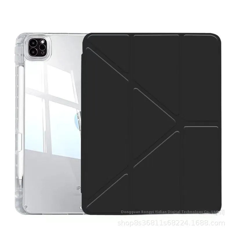 Transparent acrylic iPad protective cover showing magnetic attachment points and built-in viewing bracket