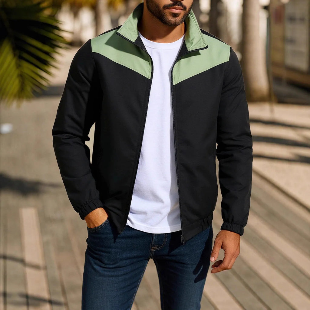 Men's windproof jacket with high collar and zipper in red colour, polyester fiber fabric, long sleeves