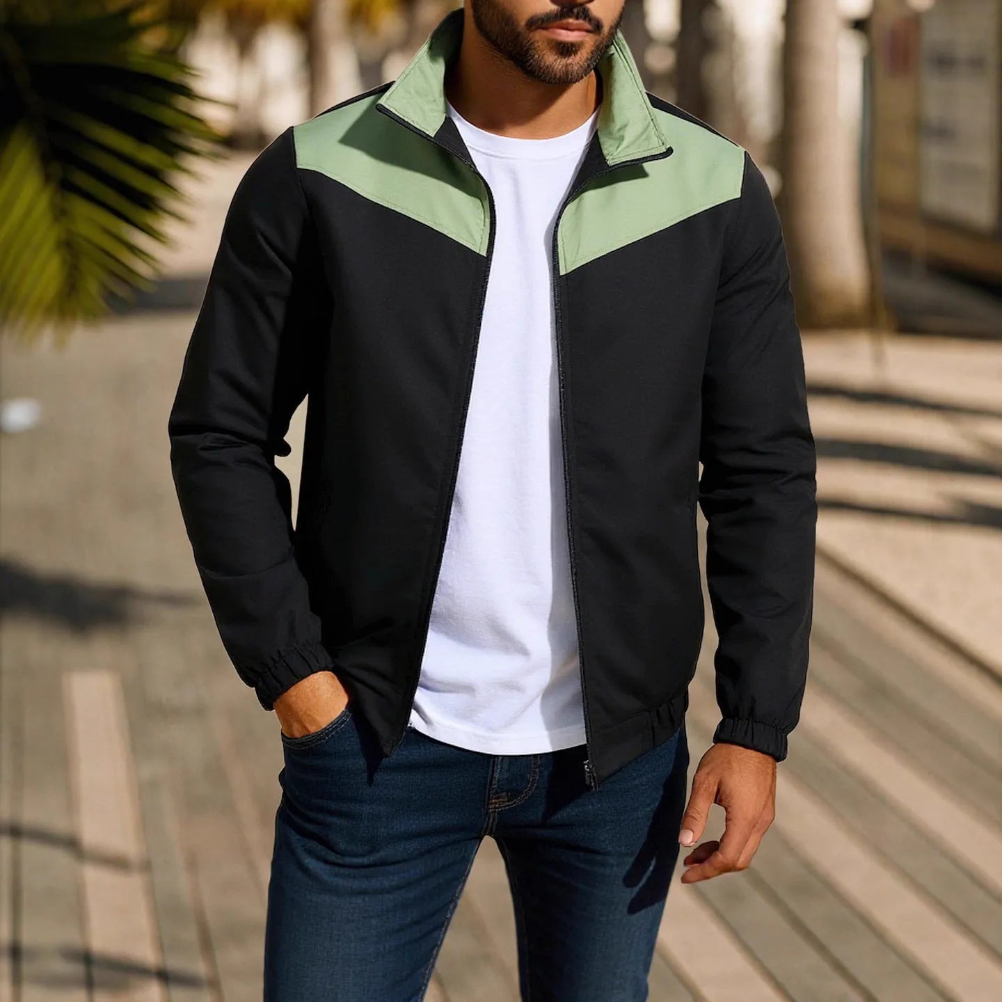 Men's windproof jacket with high collar and zipper in red colour, polyester fiber fabric, long sleeves