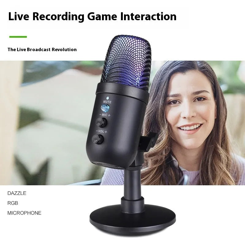Black USB microphone with RGB lighting for computer live streaming and karaoke