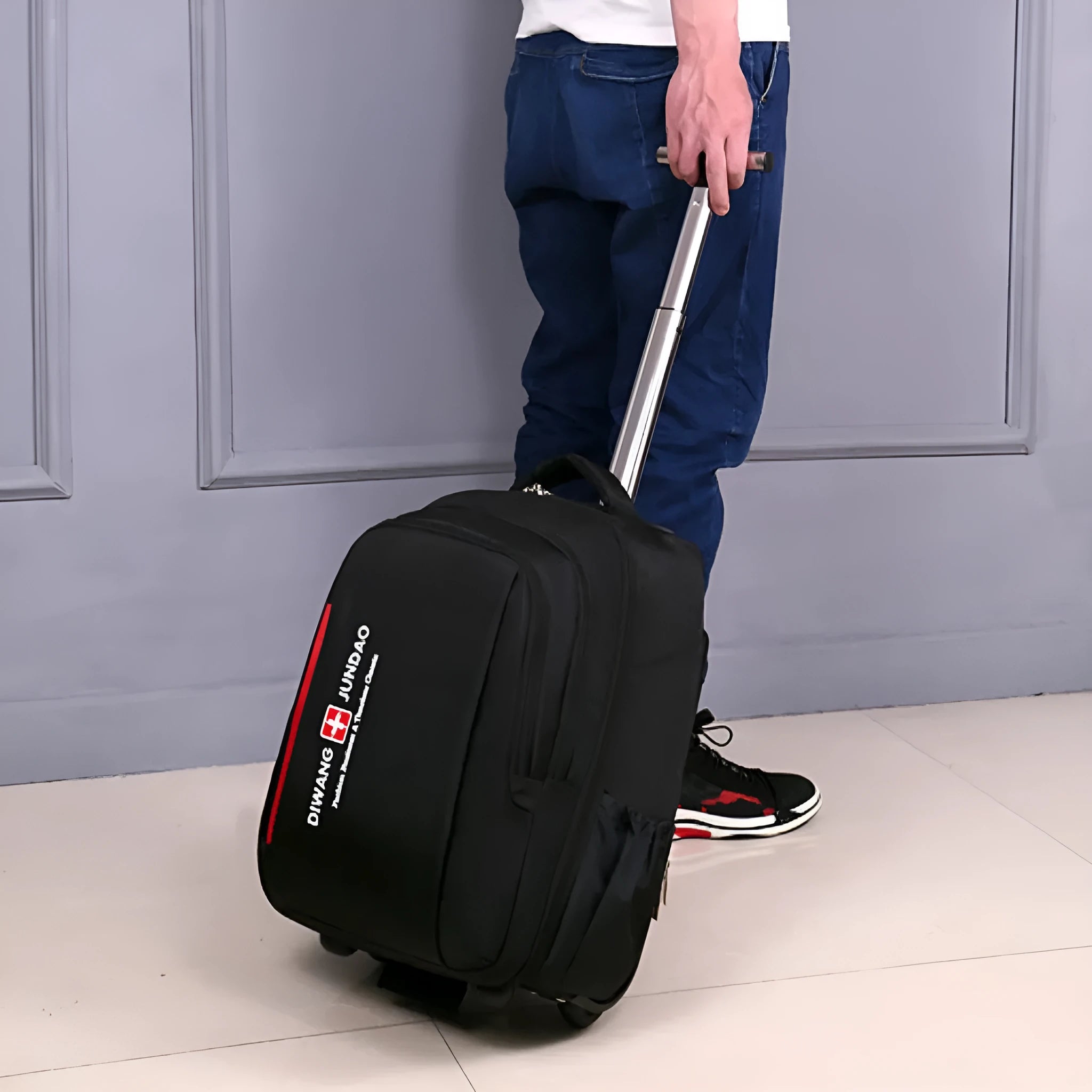 Black 18-inch nylon backpack trolley bag with letter pattern, wear resistant, for business travel
