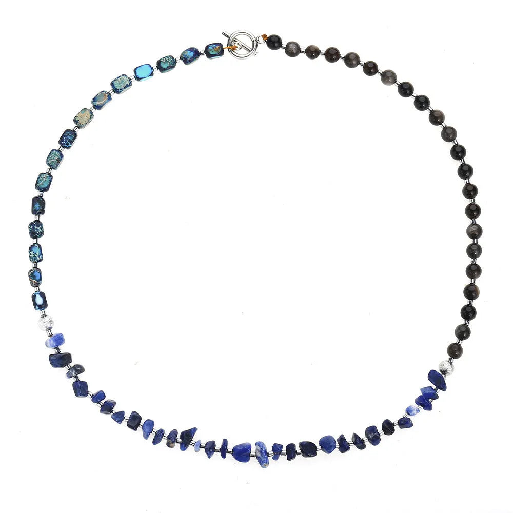 Female retro multi-layer hand woven crushed stone bracelet in blue with Fang Hui stone and gold Obsidian