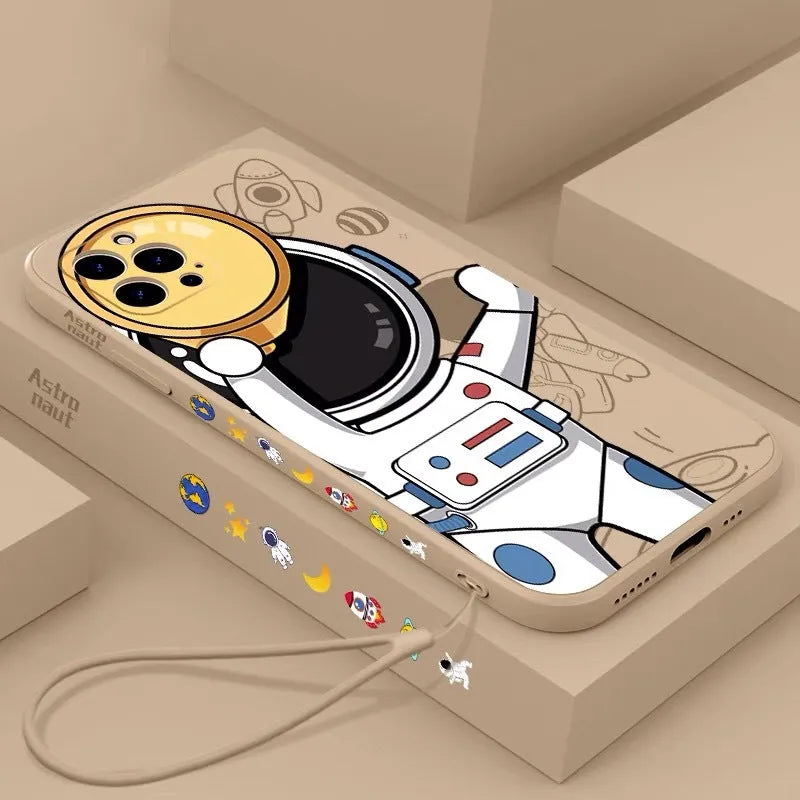 Cartoon astronaut painted silicone phone case for iPhone in classic black telescope astronaut style