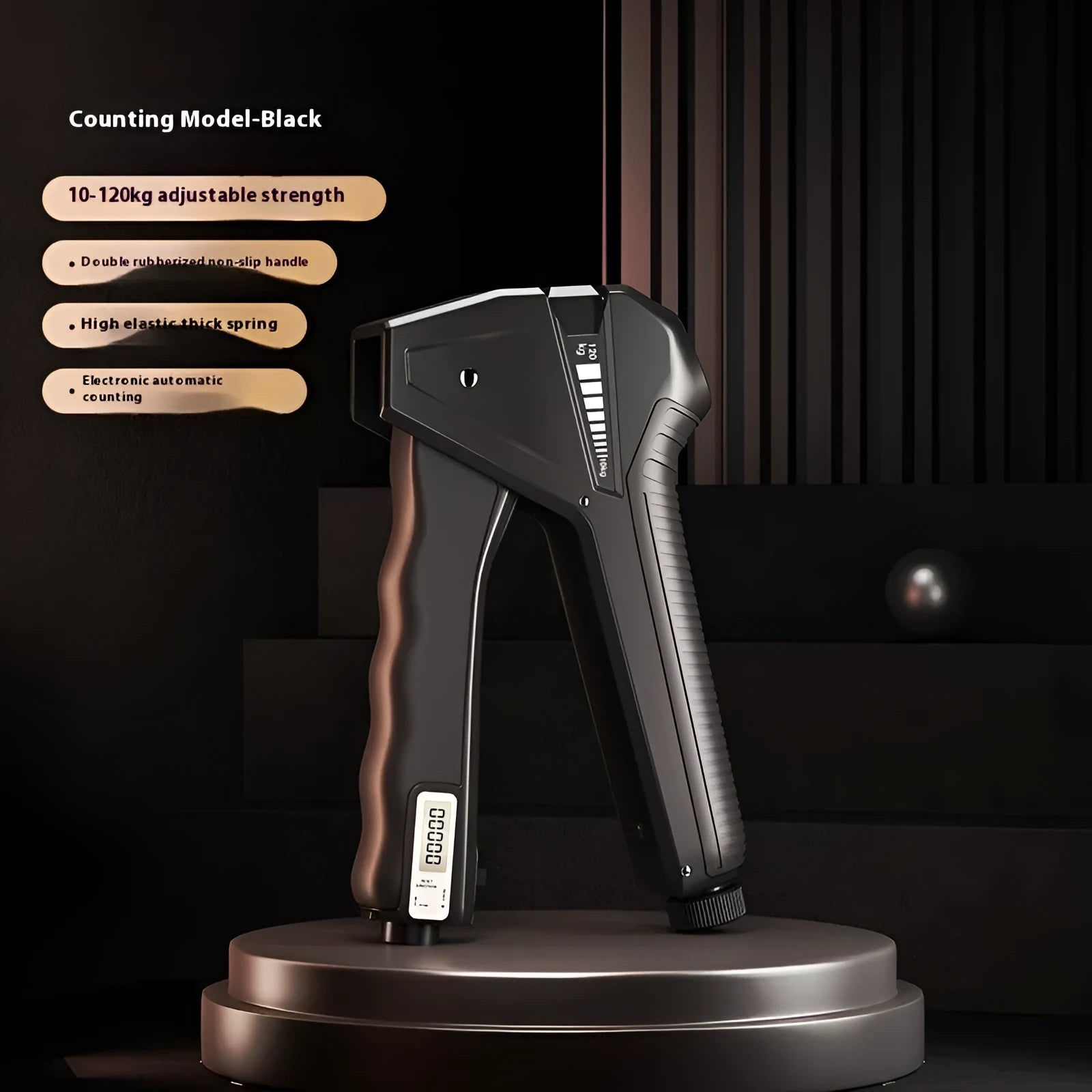 Adjustable hand grip strengthener with mechanical counter shown in orange, set to a mid-level resistance.