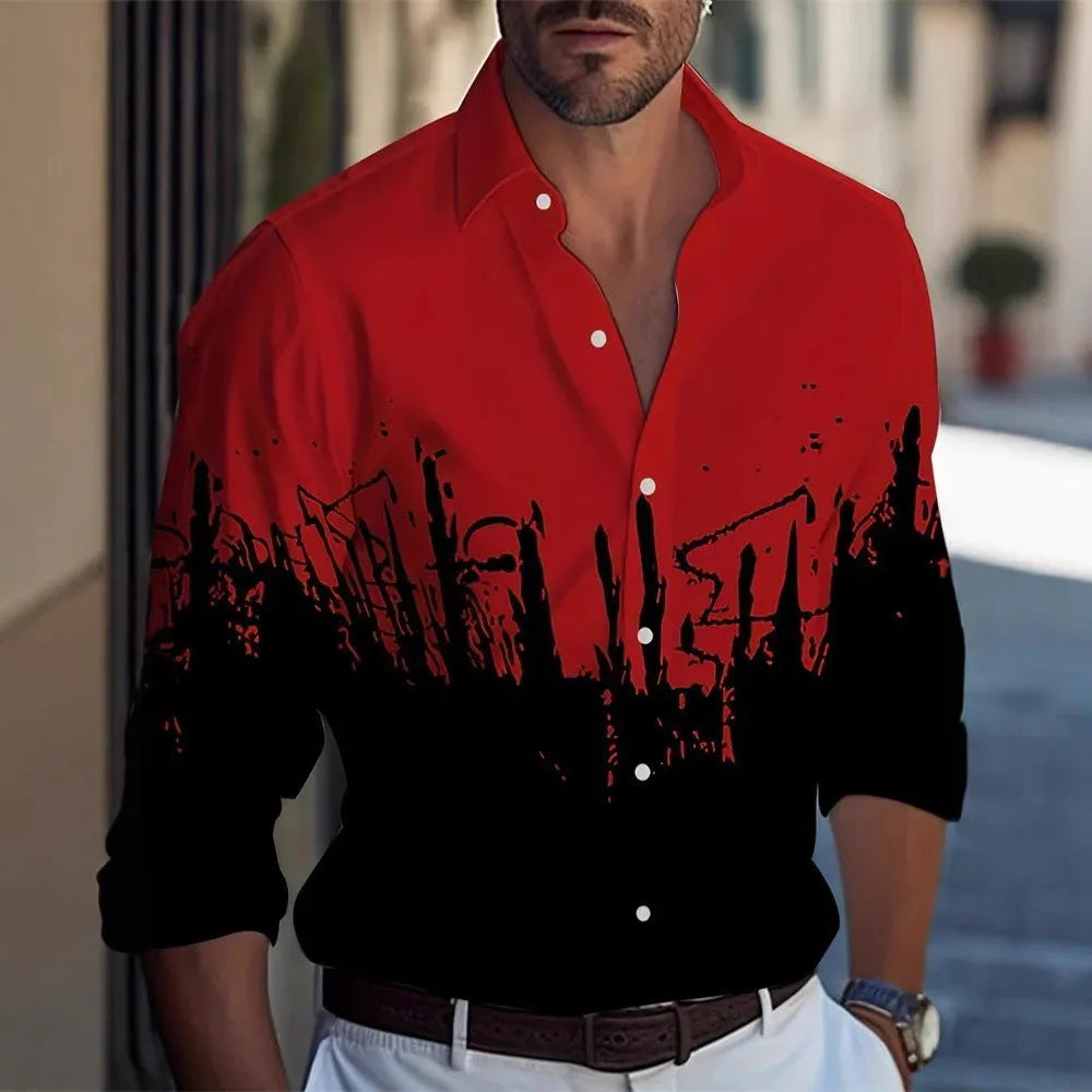 Hawaiian style men's long sleeve shirt with flower pattern, loose fit, polyester fabric