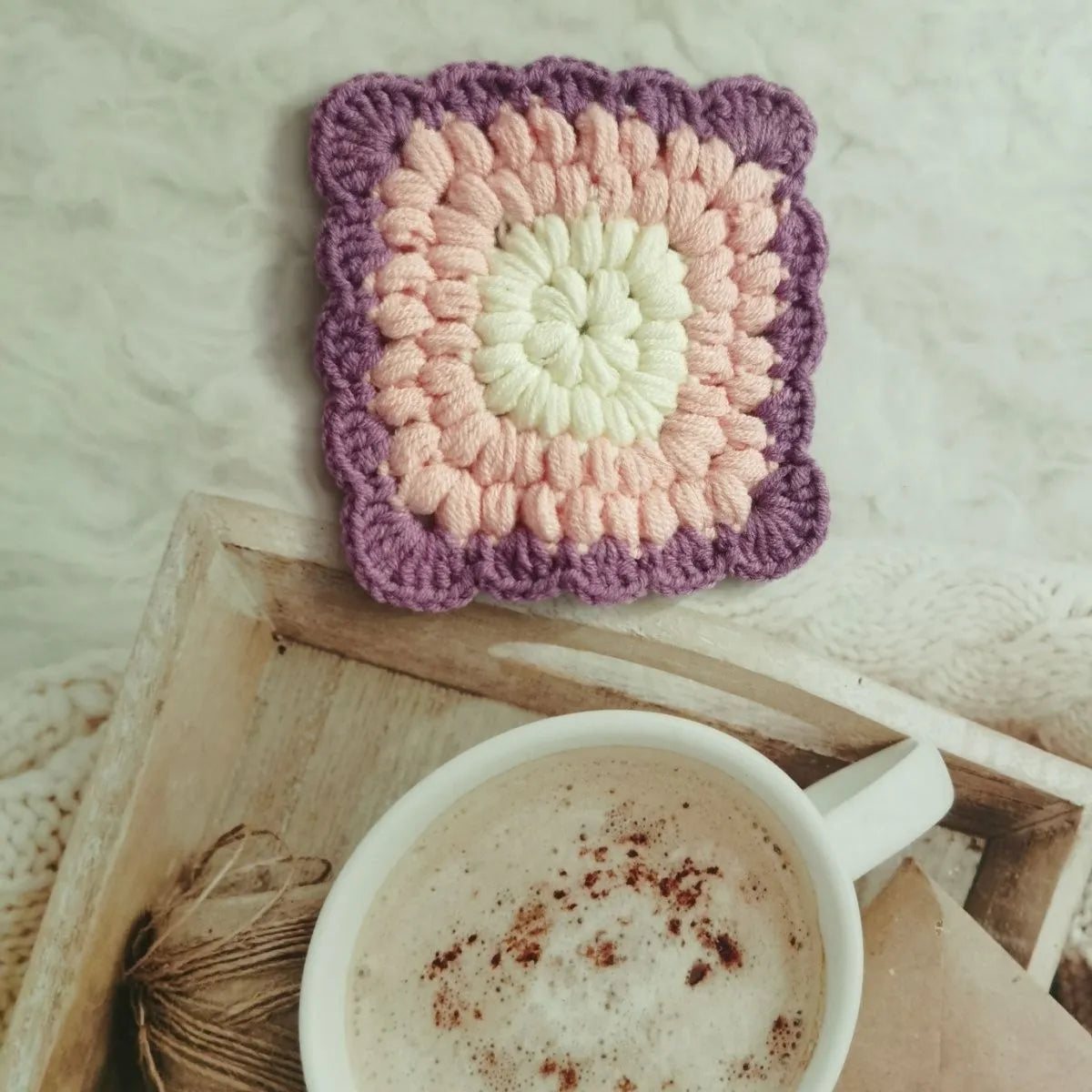 Crocheted wool grandmother lattice insulated cup placemat in four colours Emerald Sea Salt Blue Dream Purple Fog Brown